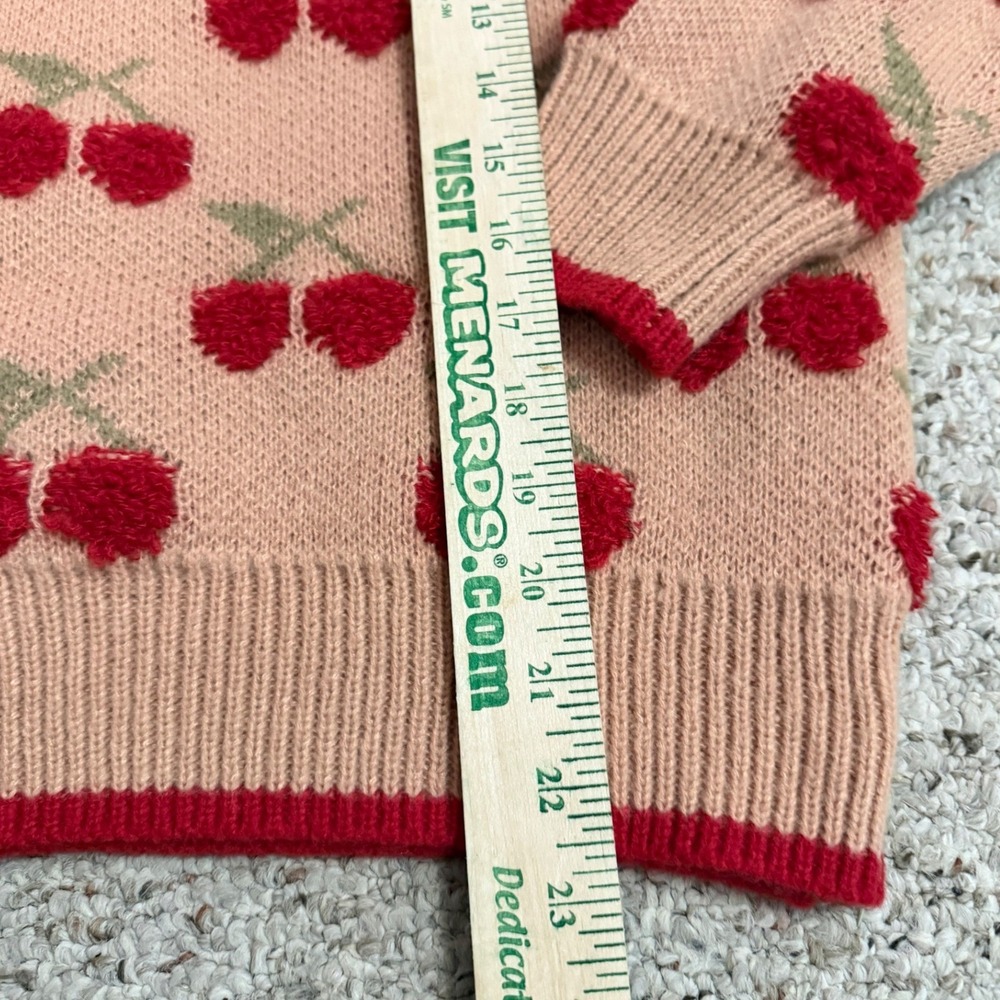&merci Cherry Print Sweater Womens Small Tan Red Fuzzy Pom Pom Coquette Cottage - Picture 9 of 11